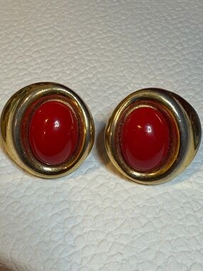 Givenchy Vintage Gold-Tone Clip-On Earrings with Red Cabochons
